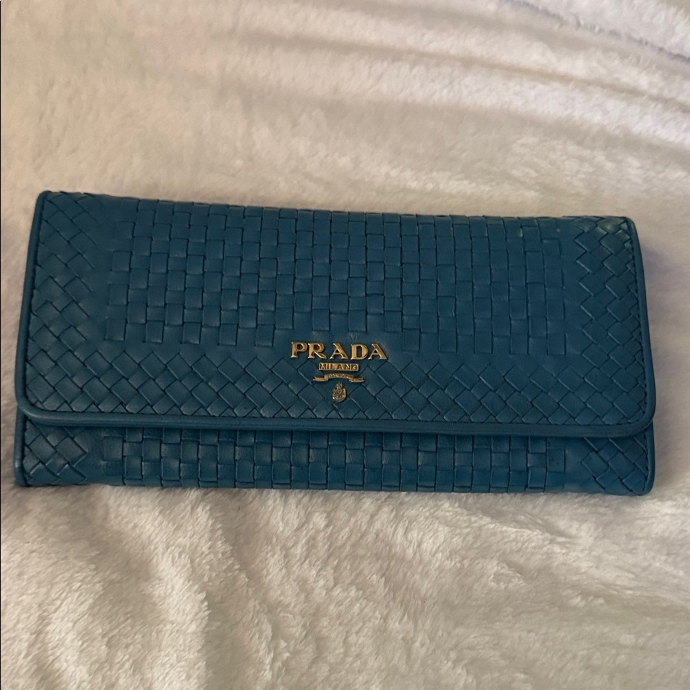 Authentic Prada Teal Woven Leather Clutch
